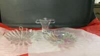 (1) IRREDESCENT GLASS BOWL, CLEAR GLASS BOWL & CLEAR GLASS VASE