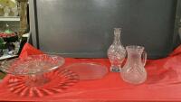 GLASS SERVING PIECES - PLATTER, RAISED CAKE PLATE, DECANTER, WATER PITCHER