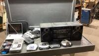 BOX W/PORTABLE DVD PLAYER, PORTABLE DISC PLAYERS, SHAVER, MICROPHONE, PANASONIC BOOM BOX