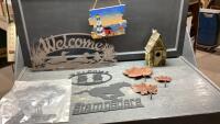 ASSORTMENT OF METAL + ONE WOOD SIGN/DECOR + SMALL BIRDHOUSE