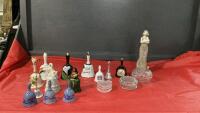 COLLECTION OF BELLS, RESIN ORNAMENTS, SMALL GLASS TRINKET BOXES