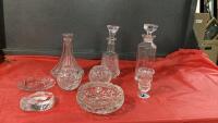 BOX W/ CRYSTAL GLASSWARE - SOME PINWHEEL - DECANTERS, SMALL VASE, CANDY DISHES,