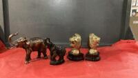 (2) BRASS LION HEAD BOOKENDS, METAL ELEPHANT AND RESIN ELEPHANT