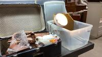 SUITCASE WITH LEATHER PROJECT PIECES + TOTE W/LAMP, FILE BOX