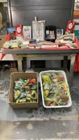 (2) BOXES VINTAGE TRAIN BUILDING SUPPLIES - TRACKS, BAGS OF TURF, FIELD GRASS, LICHEN, BALLAST, A COUPLE OF TRAIN KITS