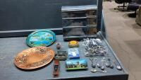BOX W/VINTAGE WRAP DISPENSER, COLLECTIBLE SPOONS, RAWLEIGH OINTMENT
