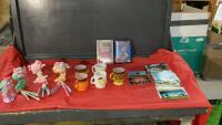 SMALL BOX OF COLLECTIBLES - FIREKING MUGS, VINTAGE POST CARDS, (2) BETA MOVIES, VINTAGE SKY DANCER TOYS