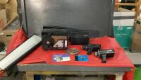 KEYSTONE X-560 REEL TO REEL MOVIE PROJECTOR, (2) SUPER 8 MOVIE CAMERA'S & SCREEN