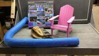 SIX IN ONE GAME, SMALL DOLL CHAIR, BALL GLOVE AND POOL NOODLE