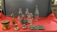 SMALL BOX W/ COLLECTIBLE BOTTLES, BRASS, SMALL INSULATORS, TOBACCO TIN
