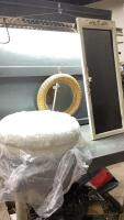 &ldquo;DOOR&rdquo; WITH CHALKBOARD INSERT, WICKER FRAMED MIRROR, + (2) FUZZY WHITE ROUND HANGING DECOR