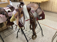 SMALLER 13 INCH WESTERN SADDLE WITH HEADSTALL W/PINK JEWELS - SADDLE STAND NOT INCLUDED