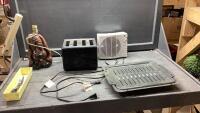 BOX W/TOASTER, &ldquo;DOG&rdquo; LAMP, KNIVES, BROILER PAN