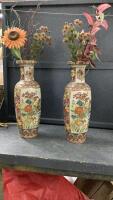 (2) ASIAN STYLE FLOOR VASES W/ SOME ARTIFICIAL FLOWERS