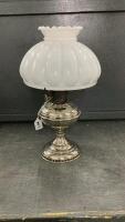 KEOSENE LAMP W/ WHITE GLASS GLOBE AND METAL BASE