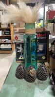 TALL BLUE/GREEN VASE WITH ARTIFICIAL FEATHERED STALKS + (3) THYMES &ldquo;PINECONES&rdquo;