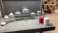BOX W/ GLASS + METAL CANNISTERS