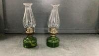 (2) MATCHING KEROSENE LAMPS W/ GREEN BASES