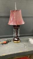 VINTAGE RED GLASS TABLE LAMP W/ CRYSTAL DANGLES
