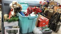 SHELF #4 - CHRISTMAS DECOR - LARGE PLASTIC WREATH HOLDER, CENTERPIECES, CANDLES, TREE TOPPER, SANTAS, ORNAMENTS, ANIMATED SANTA