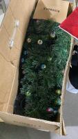 SHELF #3 - CHRISTMAS DECOR- ORNAMENTS, FIBREOPTIC TREE, FIGURINES, RUGS, ORNAMENT HANGERS,