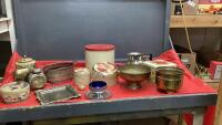 LIDDED TOTE W/ VINTAGE TINS, BRASS ITEMS, COBALT BLUE CONDIMENT DISH