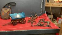 VINTAGE LEATHER PURSE, VINTAGE LEATHER HEADSTALL & HALTER AND WAGON LAMP
