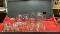 GOOD LIDED TOTE W/ GLASSWARE - ALCB GLASSES, SALT & PEPPER SHAKERS, , FISH BOWL, DIVIDED PICKLE DISH, PINWHEEL CRYSTAL CANDY DISH