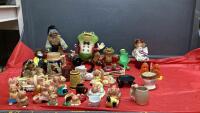 COLLECTIBLE ITEMS IN GOOD LIDDED TOTE - PLASTIC FROGS, BEER STEIN, PLASTER BUNNIES, SALT & PEPPER SHAKERS