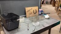 DEEP FRYER BASKETS + UTENSILS, HAT HOOK, TEAPOT , DOG RECOVERY VEST