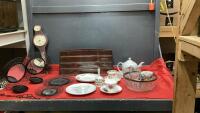 GOOD LIDDED TOTE W/ WOOD/GLASS DIPLAY RACK, MILK GLASS DIVIDED DISH, BAROMETER/THERMOMETER, MISC DISHES