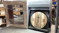 (2) ITEMS -LARGE FRAMED INSET MIRROR AND WOOD CLOCK