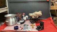 DECOR DOLL BUGGY, CERAMIC DUCK MONEY BANK, CERAMIC ROOSTER, NASHVILLE BOOK, ALUMINUM POT, COLLECTOR SPOONS