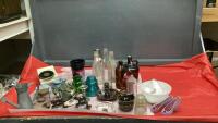 BOX W/ VINTAGE BOTTLES, ASHTRAYS, INSULATOR