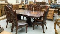 LARGE DOUBLE PEDESTAL DINING ROOM TABLE W/ (8) CHAIRS & (2) LEAVES....VERY ORNATE