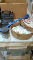 Shop box - Ball thrower, weight belt, 2 pairs gloves, bungee cords, travel air compressor