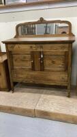 ANTIQUE SIDE BOARD W/ MIRROR ON CASTORS