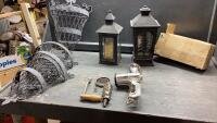 (2)BOXES - LANTERN STYLE CANDLE HOLDERS, METAL PLANT HOLDERS, PORKERT MEAT GRINDER