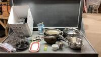 (2)BOXES - POTS , PANS, MUGS, CHICKEN BBQ COOKERS, AVOCADO STORAGE,