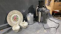 &ldquo;JUICEMAN&rdquo; JUICER, CAMP COFFEE POT, VINTAGE PLATE W/CREAM + SUGAR