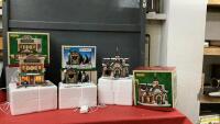 (3) LEMAX CHRISTMAS VILLAGE BUILDINGS - (2) ARE LIGHTED....."BELL'S & WHISTLES", RUSTIC CHURCH & "CHRISTMAS TREE LOT" (NOT LIGHTED)