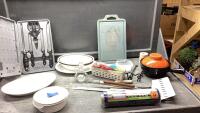 BLUE TOTE W/ CAMP CARVING SET, PLATTER, CASSEROLE BOWLS, PLASTIC FOOD STORAGE, PLASTIC WRAP