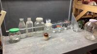(2)BOXES - MILK BOTTLES , GLASS CANNISTERS, PEANUT BUTTER JAR