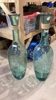(2) TALL GLASS VASES - GREEN COLOUR