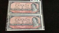 (2) CANADA 1954 $2 BILLS IN SEQUENTIAL ORDER