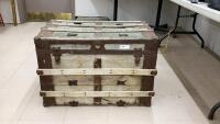 ANTIQUE WOOD CHEST W/ METAL BANDING