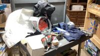 BLUE TOTE W/WRENCH HOLDERS, SMALL COMPRESSOR, LINED VEST, BACKPACK,