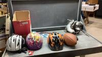 ORANGE TOTE W/HELMETS, GOLF BALL, SKATES, FOOTBALL