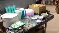 (2)BOXES WITH STOCKPOT, CUTLERY TRAY,BAKING PANS,CAKE CARRIER