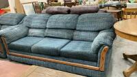 "DOUBLE DIAMOND" BLUE FABRIC COUCH W/ WOOD DETAIL